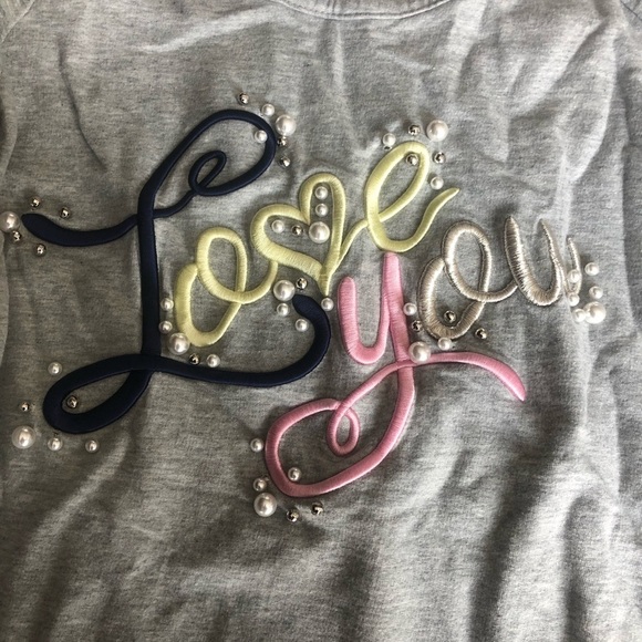 Korean gray sweatshirt open shoulder crewneck pearls pink love you size small - Picture 2 of 6